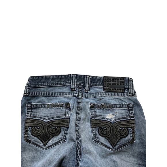 Affliction Cooper Buckle Denim Jeans 32R Distressed Dark Wash Stretch Blue - Picture 10 of 13